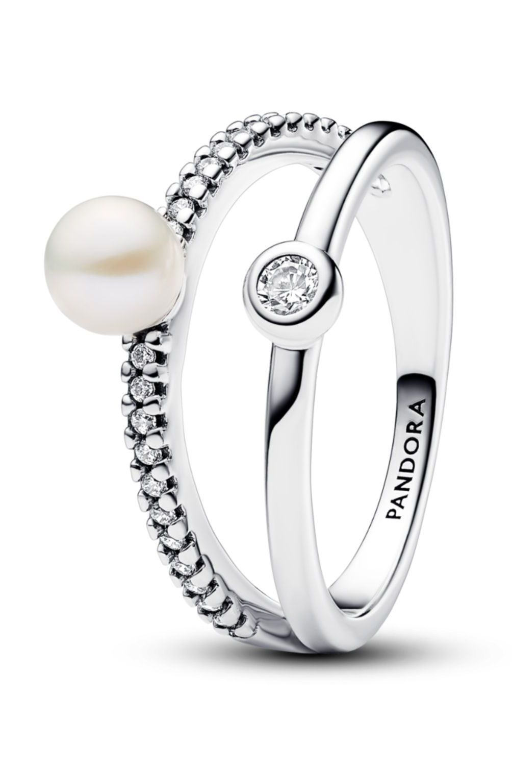 PANDORA - Anillo Pandora Doble Banda Perla y Gemas Plata Esterlina 