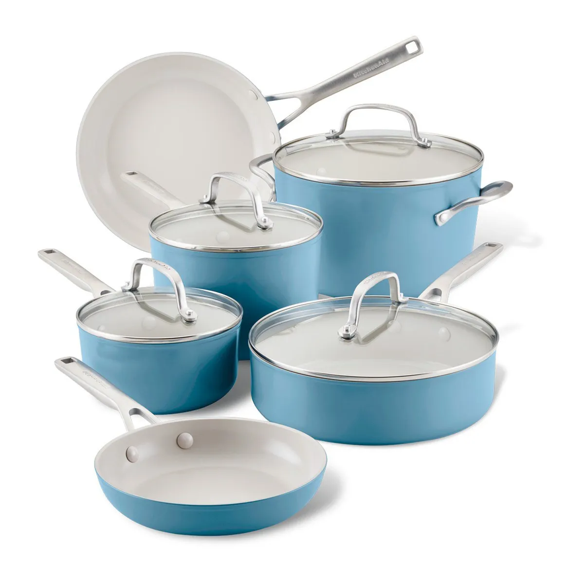 KITCHENAID - Juego de ollas Kitchenaid: Antiadherente Cerámico, Aluminio Anodizado. Bateria Acero 10 piezas Verde Pistachio