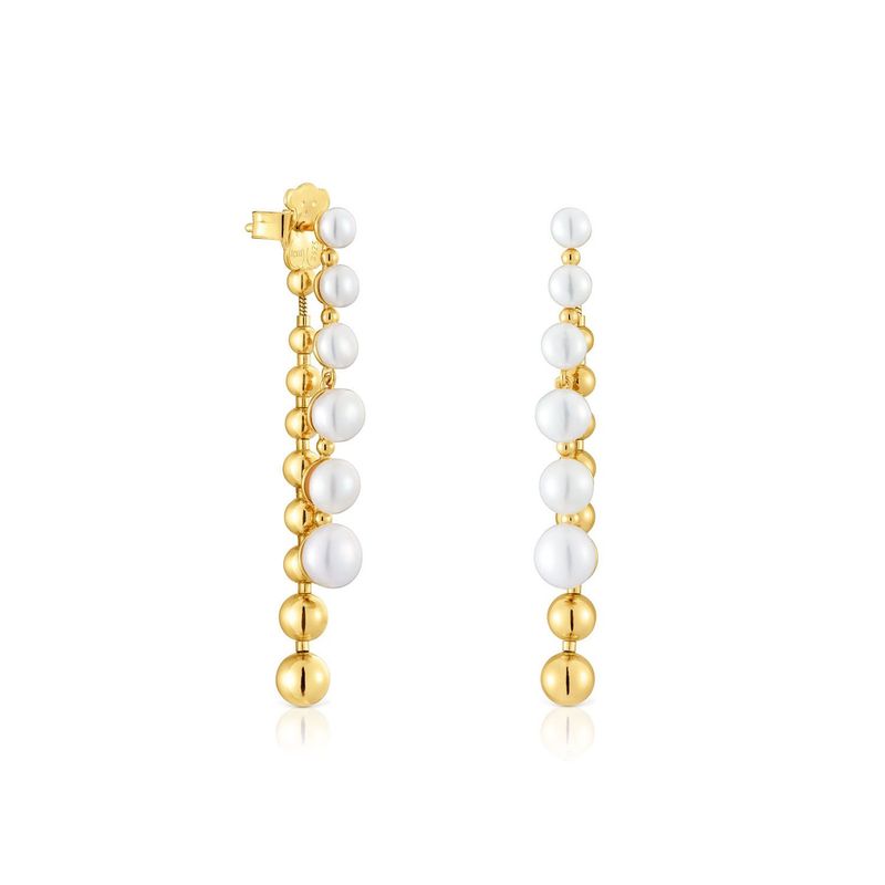 TOUS - Pendientes largos dobles con baño de oro de 18 kt sobre plata y perlas cultivadas Gloss