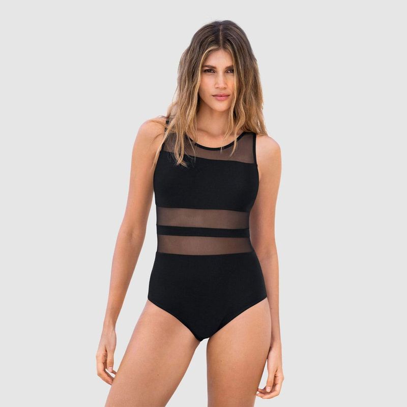 LEONISA - Vestido de baño enterizo de control medio con transparencias en tul Leonisa