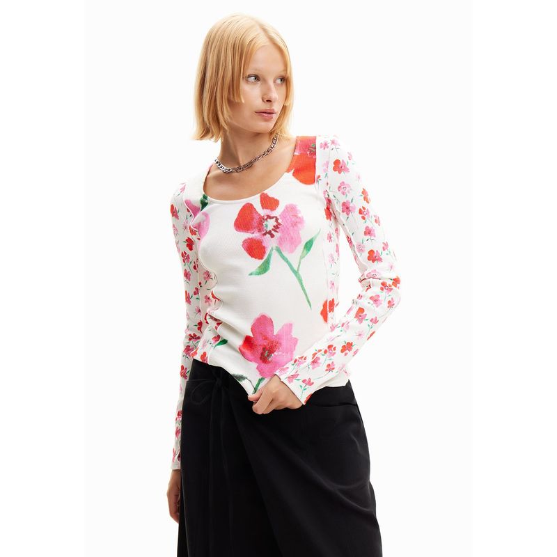 DESIGUAL - Camiseta Mujer con Flores Manga larga de Algodón Desigual