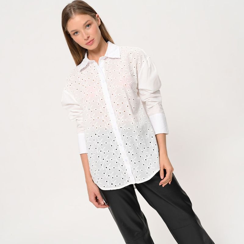 BASEMENT - Camisa Mujer con Ojalillo Manga larga de Algodón Basement