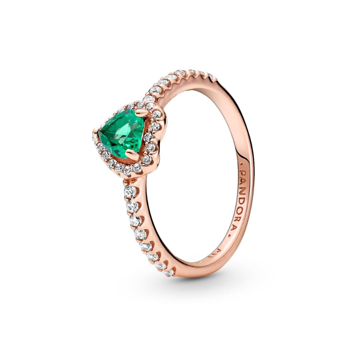 PANDORA - Anillo Pandora Corazón Brillante Elevado Verde Recubrimiento en Oro Rosa 