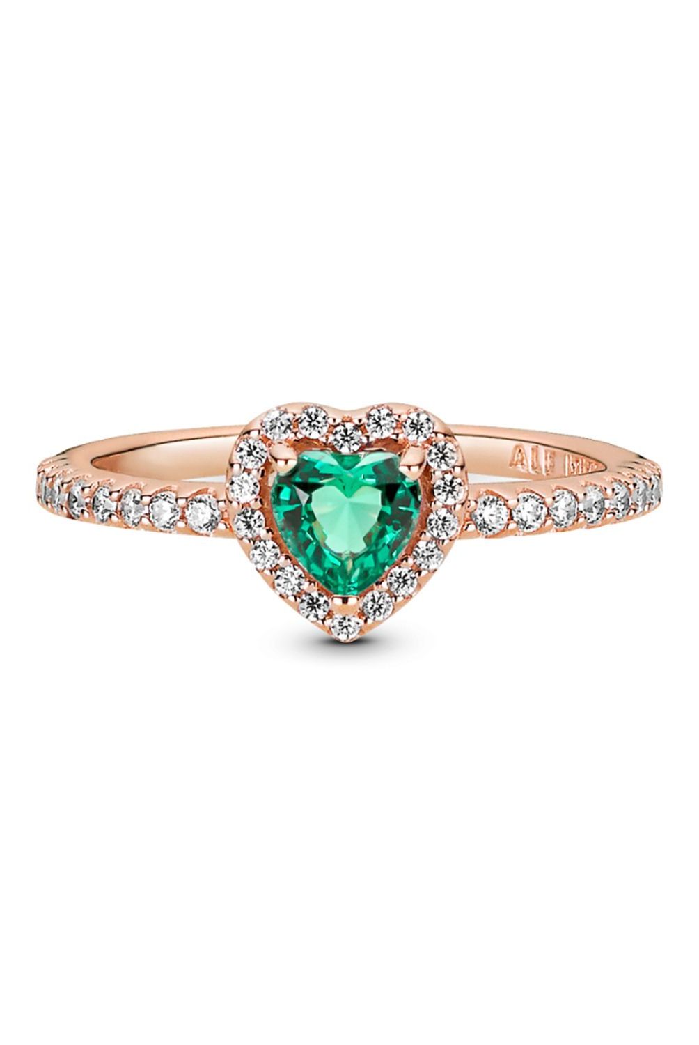 PANDORA - Anillo Pandora Corazón Brillante Elevado Verde Recubrimiento en Oro Rosa 