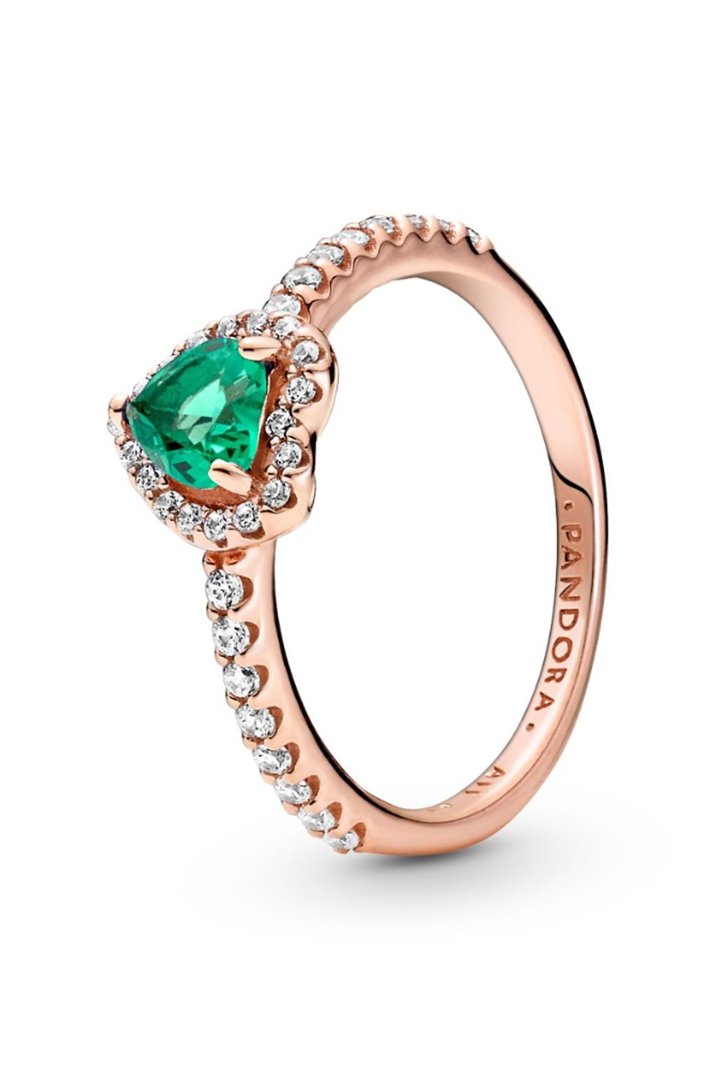PANDORA - Anillo Pandora Corazón Brillante Elevado Verde Recubrimiento en Oro Rosa 