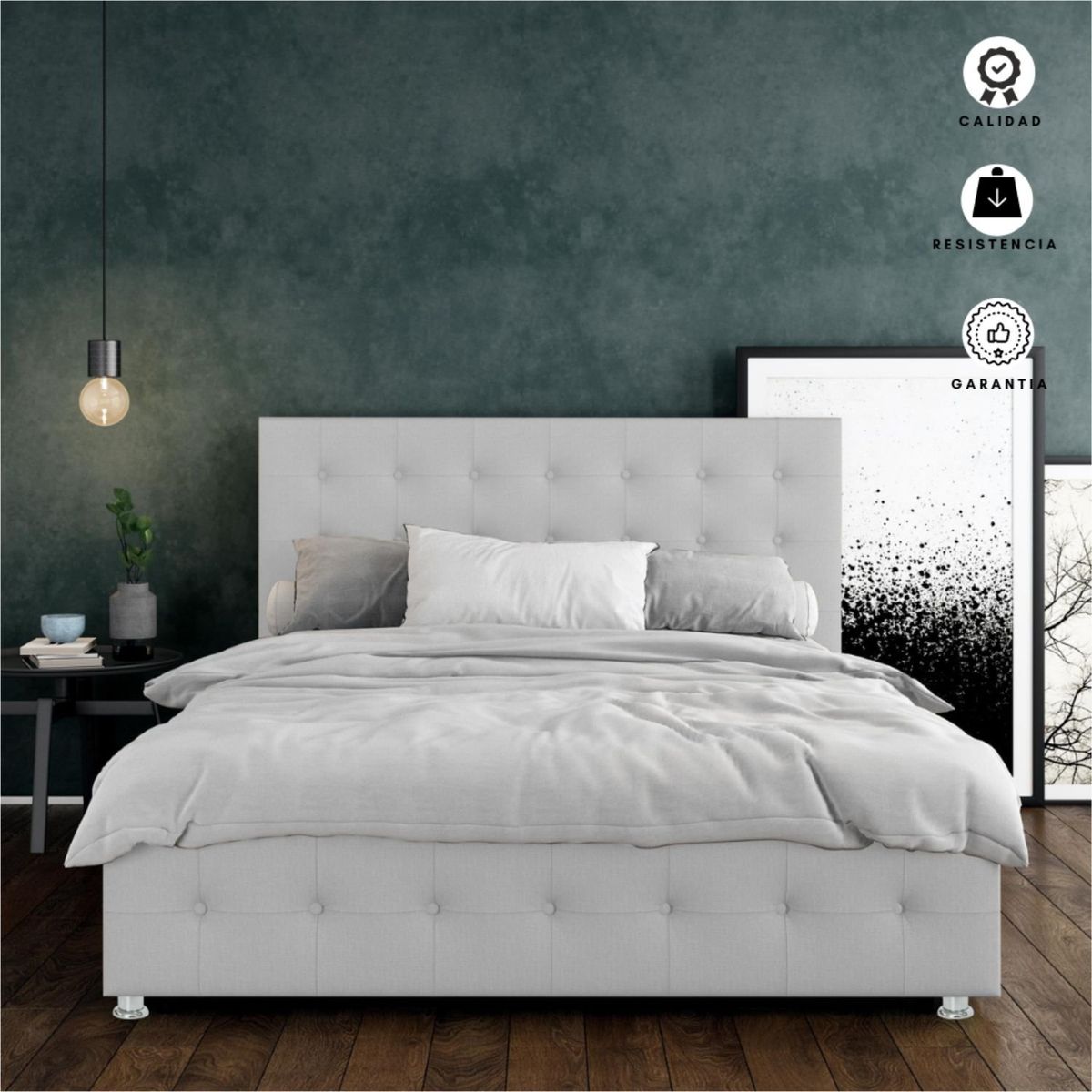 EKONOMODO - Colchón con Base Cama  Queen Firmeza Media Ortopédico Doble Cara Resortado 160 x 190  + Cabecero Combo Ekonomodo 