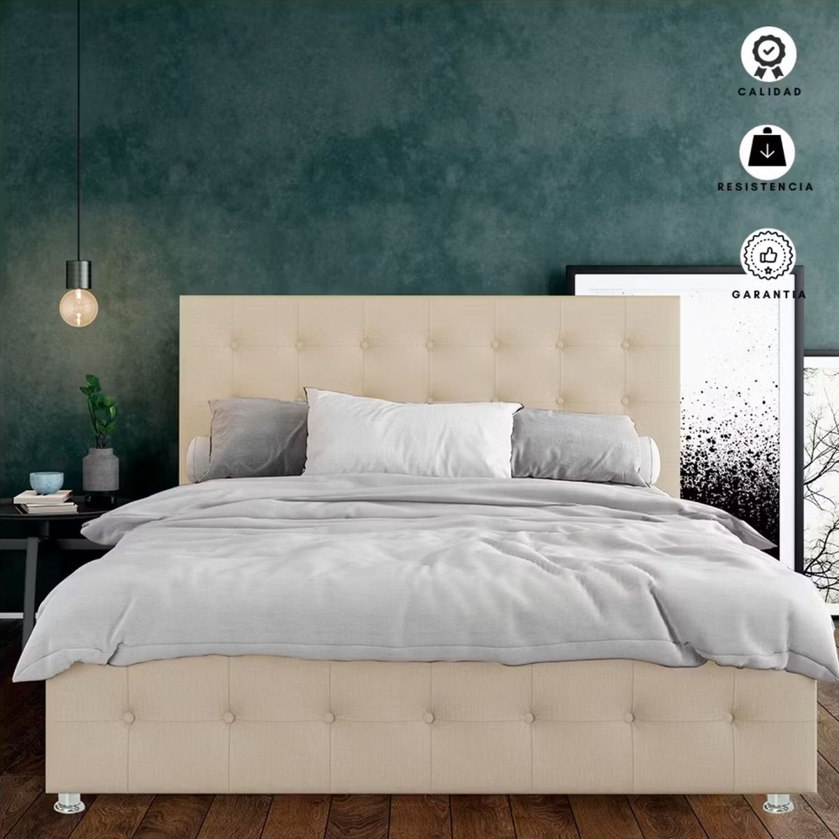 EKONOMODO - Colchón con Base Cama  Queen Firmeza Media Ortopédico Doble Cara Resortado 160 x 190  + Cabecero Combo Ekonomodo 