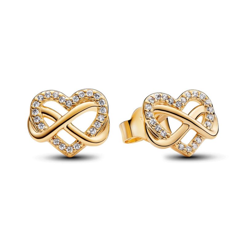PANDORA - Aretes Pandora Botón Corazón Infinito Brillante Recubrimiento en Oro
