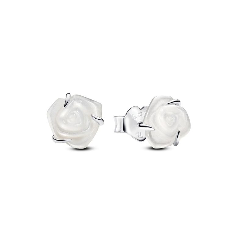 PANDORA - Aretes Pandora Botón Rosa Blanca Floreciendo Plata Esterlina