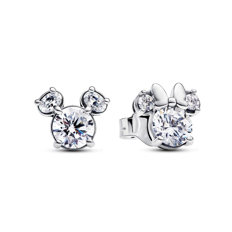 PANDORA - Aretes Pandora Botón Mickey y Minnie Mouse Brillantes de Disney Plata Esterlina