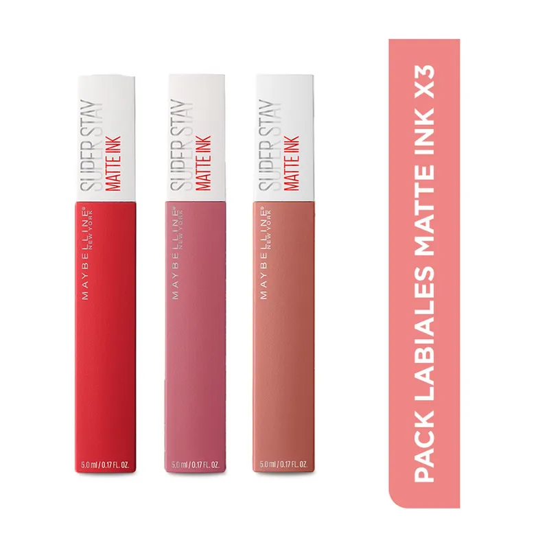 MAYBELLINE - Labial larga duración Maybelline Super Stay Matte Ink X3 Maybelline: Incluye 3 productos