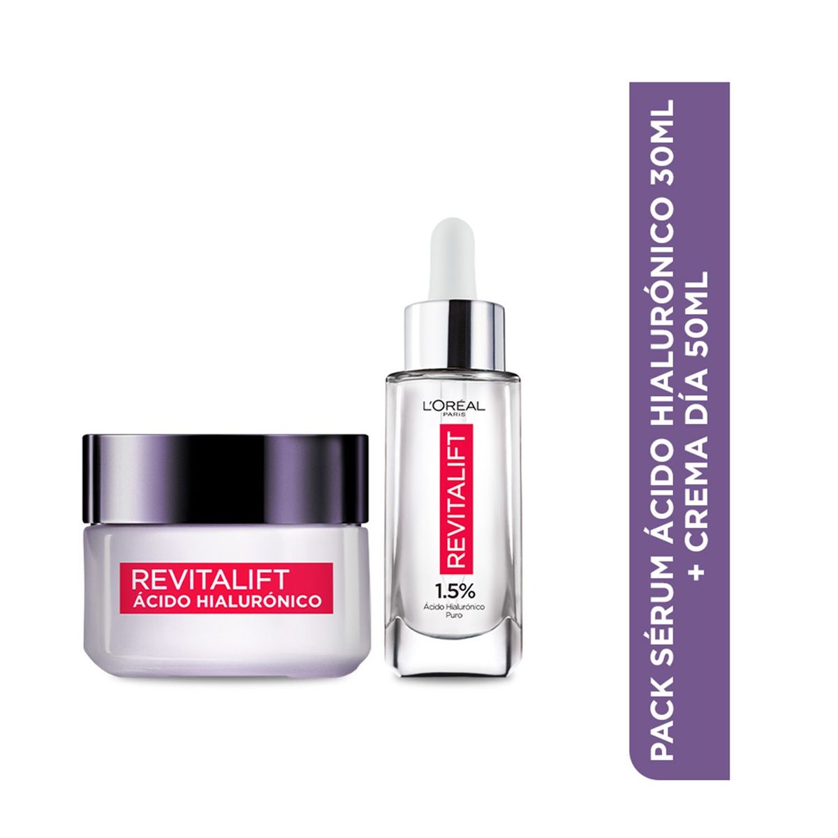  - Set de Tratamientos antiedad Pack L'Oréal París Revitalift Ácido Hialurónico Serum 30Ml + Crema Día 50Ml Loreal Paris : Incluye