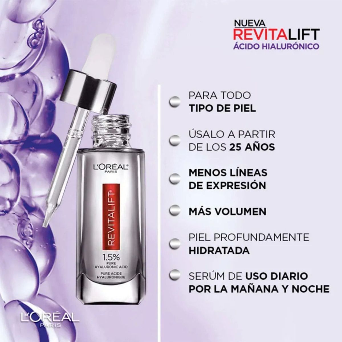  - Set de Tratamientos antiedad Pack L'Oréal París Revitalift Ácido Hialurónico Serum 30Ml + Crema Día 50Ml Loreal Paris : Incluye