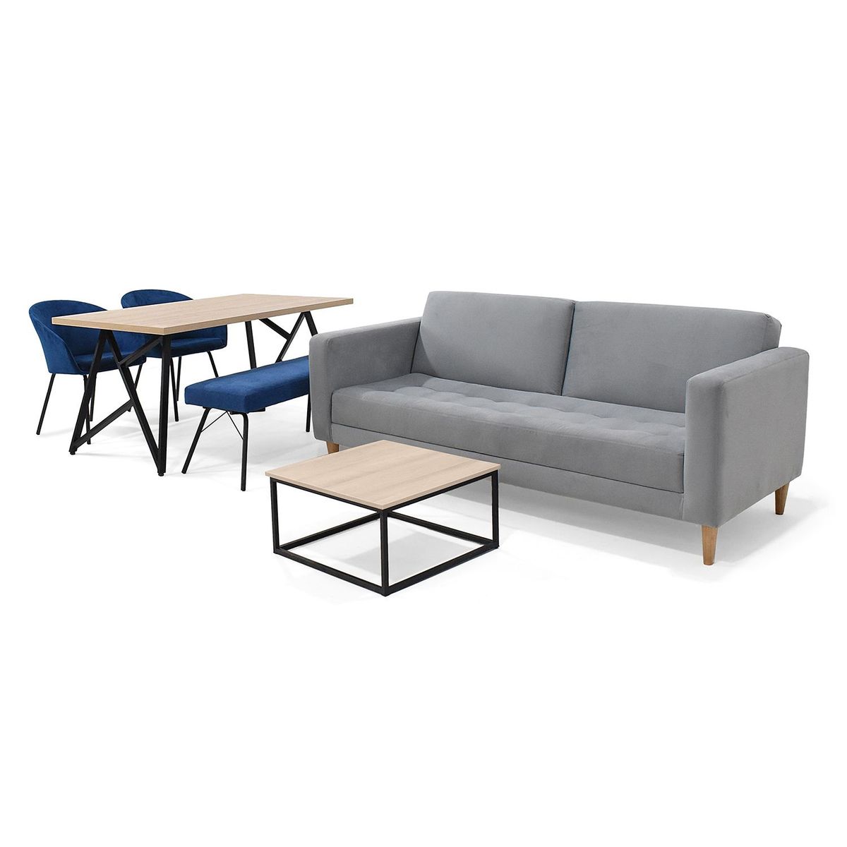 MICA - Juego de Sala Moderno en Poliéster (Sofá Cama + Comedor + 2 Sillas + Banca + Mesa de Centro) Mica 