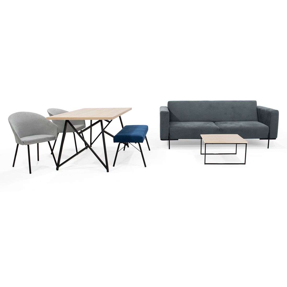 MICA - Juego de Sala Moderno en Poliéster (Sofá Cama + Comedor + 2 Sillas + Banca + Mesa de Centro) Mica 