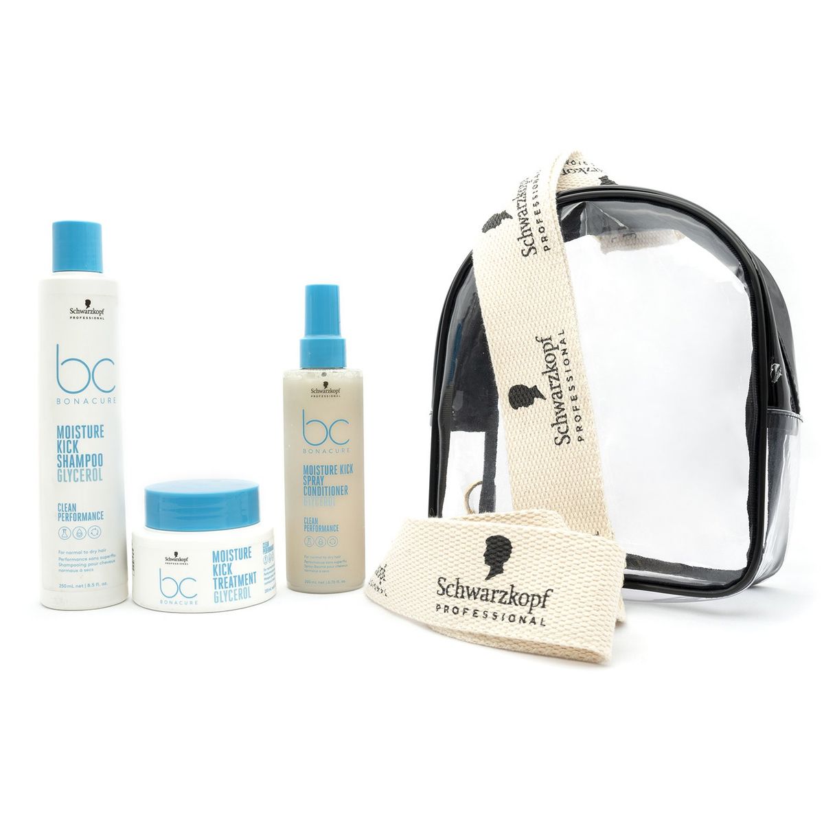 BONACURE BY SCHWARZKOPF - Set de Tratamientos capilares Kit Hidratación Profunda Bc Bonacure By Schwarzkopf Incluye: Shampoo Moisture Kick 250ml, Acondicionador Moisture Kick 200ml, Tratamiento Moisture Kick 200ml y Bolso Viajero
