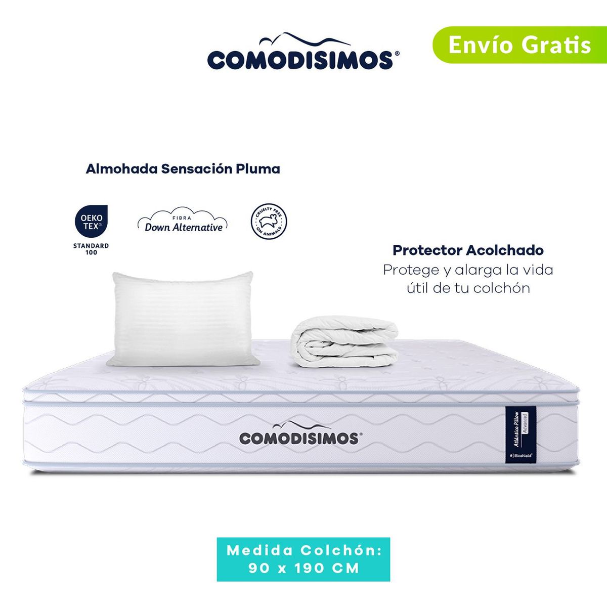 COMODISIMOS - Colchón Sencillo Firmeza Media Ortopédico Resortado Doble Cara Línea Advance 90 x 190 cm + Almohada + Protector Comodísimos