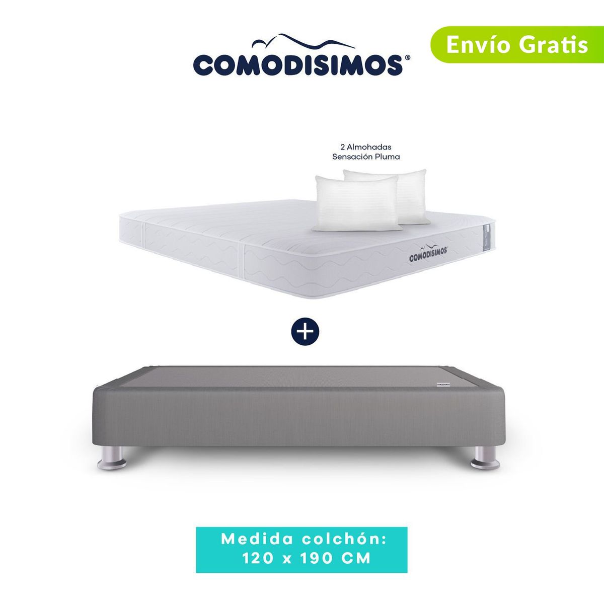 COMODISIMOS - Colchón con Base Cama Semidoble Firme Ortopédico Resortado Línea Access 120 x 190 cm + 2 Almohadas Comodísimos 
