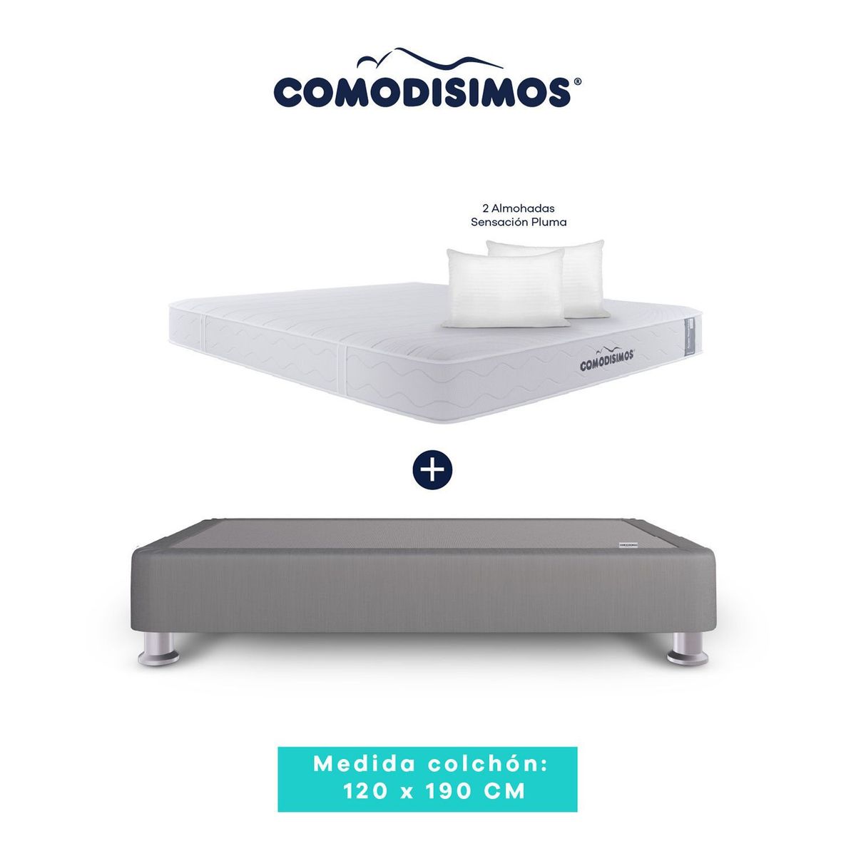 COMODISIMOS - Colchón con Base Cama Semidoble Firme Ortopédico Resortado Línea Access 120 x 190 cm + 2 Almohadas Comodísimos 