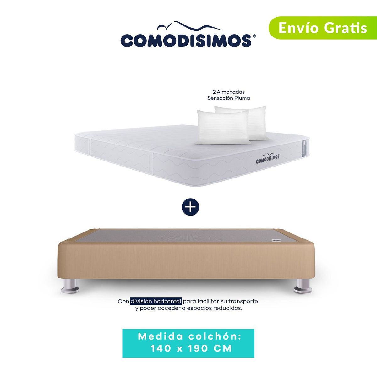 COMODISIMOS - Colchón con Base Cama Doble Firme Ortopédico Resortado Línea Access 140 x 190 cm + 2 Almohadas Comodísimos 