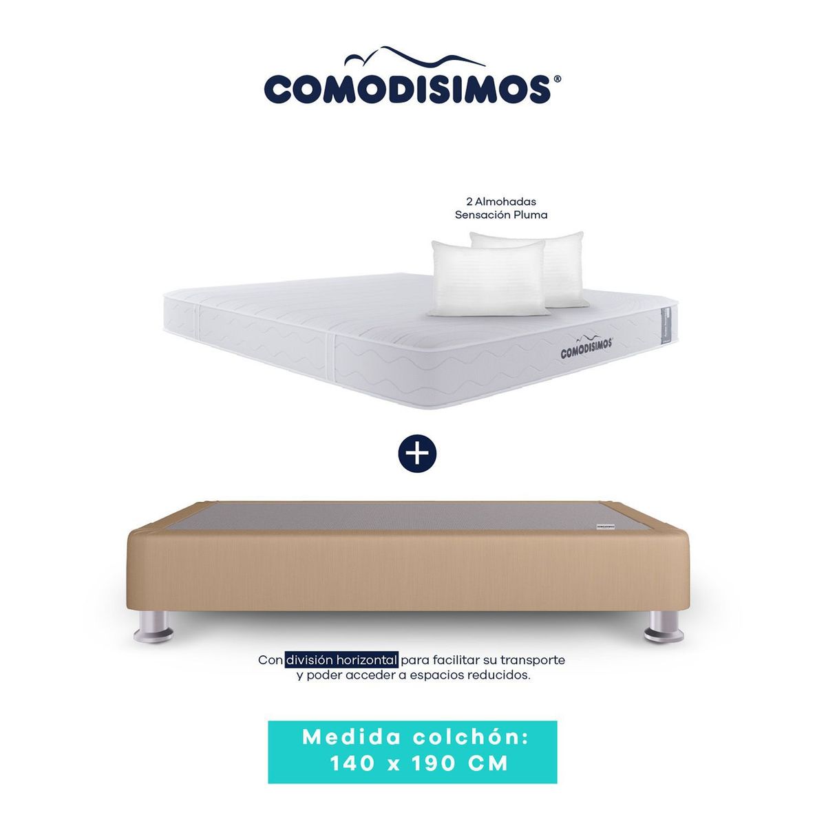 COMODISIMOS - Colchón con Base Cama Doble Firme Ortopédico Resortado Línea Access 140 x 190 cm + 2 Almohadas Comodísimos 