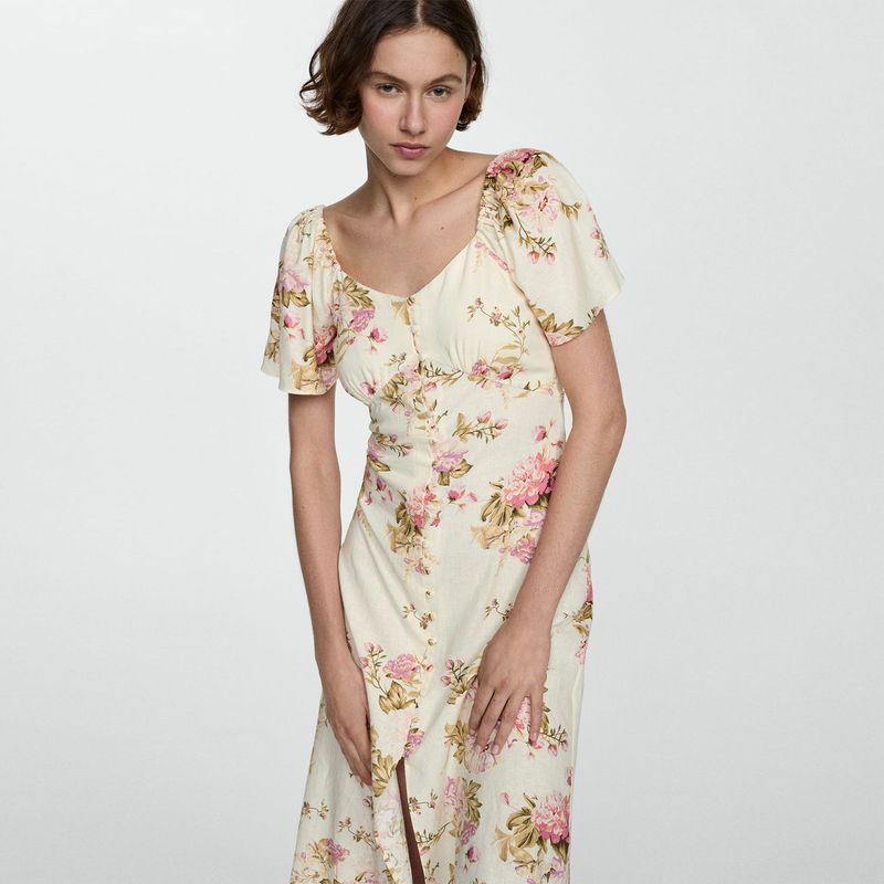 MANGO - Vestido Mujer Medio con Flores Lino MANGO