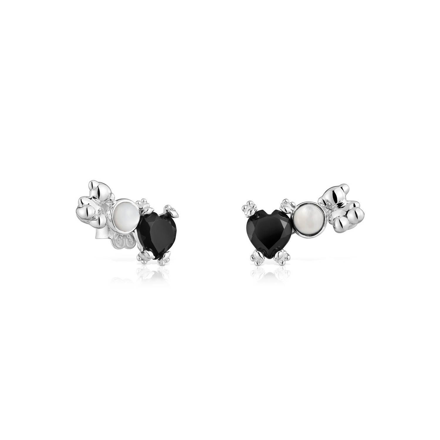 Pendientes trepadores con oso de plata, ónix y nácar Color Pills