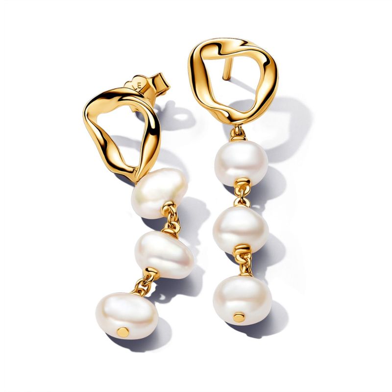 PANDORA - Aretes Pandora Colgantes Círculo Forma Orgánica y Perlas Cultivadas de Agua Dulce Barroca Recubrimiento en Oro
