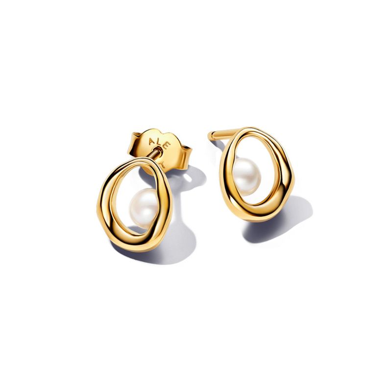 PANDORA - Aretes Pandora Botón Óvalos Forma Orgánica y Perla Cultivada de Agua Dulce Recubrimiento en Oro