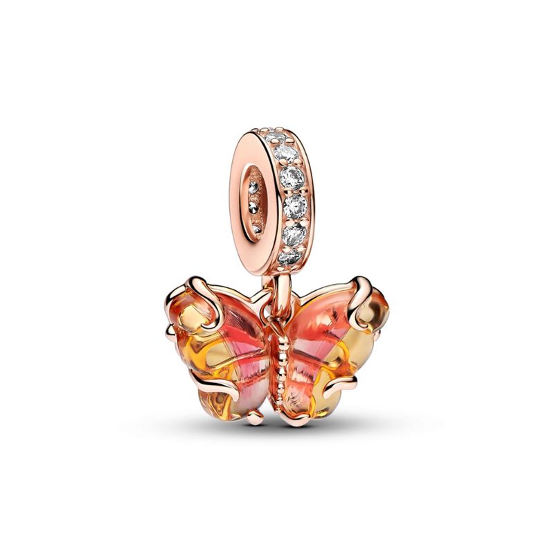 PANDORA - Charm Pandora de Cristal de Murano Rosa y Amarillo Mariposa Recubrimiento en Oro Rosa