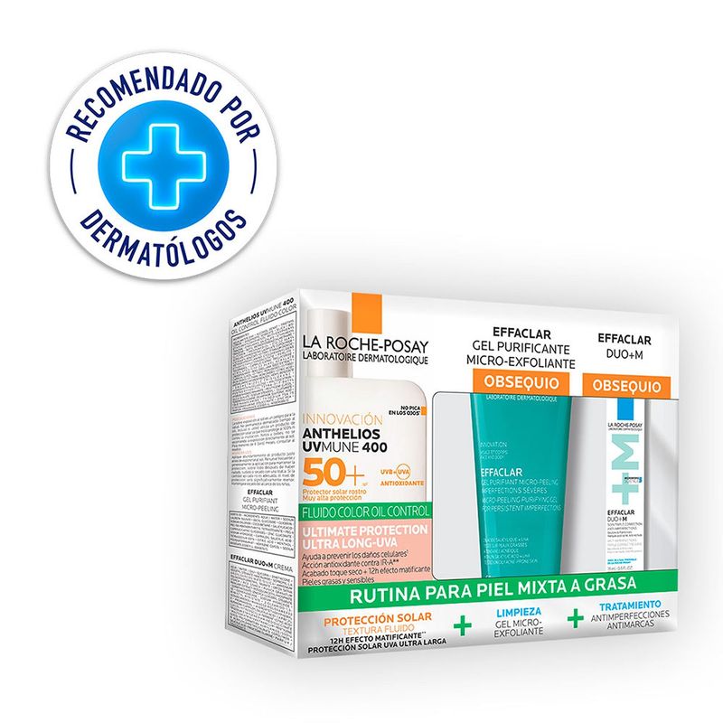 LA ROCHE POSAY - Set: Hidratante facial pack anthelios UVMUNE 400 oil control fluido con color + Mini Effaclar micro exfoliante + Mini Effaclar duo + M La Roche Posay incluye: 3 Productos