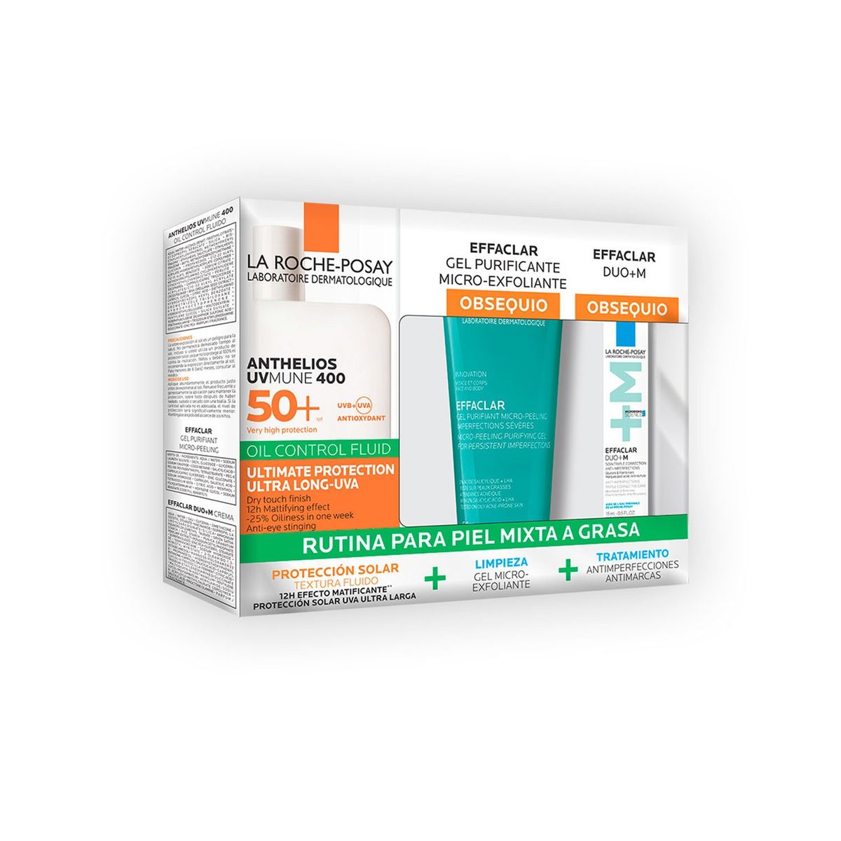 LA ROCHE POSAY - Set: Hidratante facial pack anthelios UVMUNE 400 oil control fluido + Mini Effaclar micro exfoliante + Mini Effaclar duo + M La Roche Posay incluye: 3 Productos