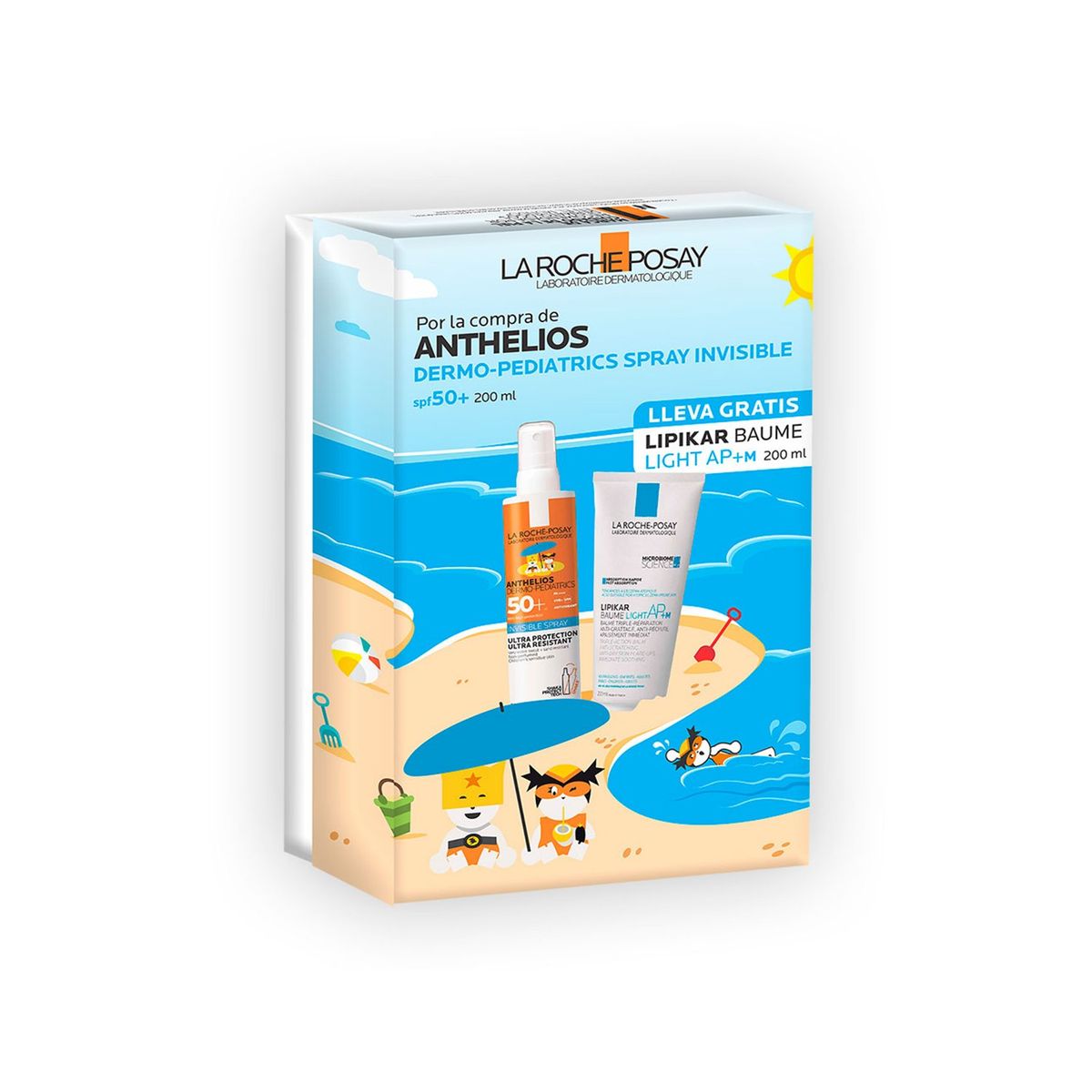 LA ROCHE POSAY - Set: Hidratante facial pack anthelios spray dermopediatrico 200 ml + Lipikar Baume Light ap+m 200 ml La Roche Posay incluye: 2 Productos