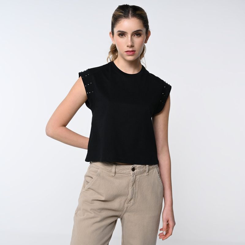 DENIMLAB - Camiseta Mujer con Taches Manga corta de Algodón Denimlab