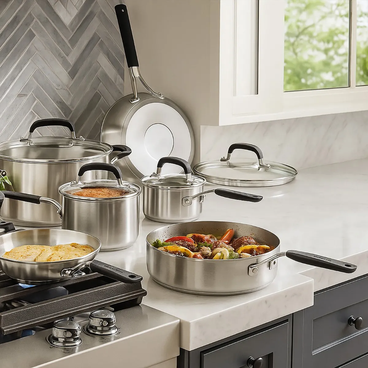 KITCHENAID - Juego de ollas Kitchenaid: Acero Inoxidable, Placa de Inducción. Bateria Acero 10 piezas