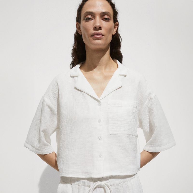 MANGO - Camisa Mujer Tejido Manga corta de Algodón MANGO