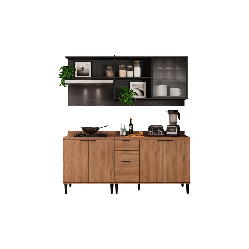 BERTOLINI - Cocina Integral en MDP 200cm con meson en MDP 6 puertas Freijo y grafito