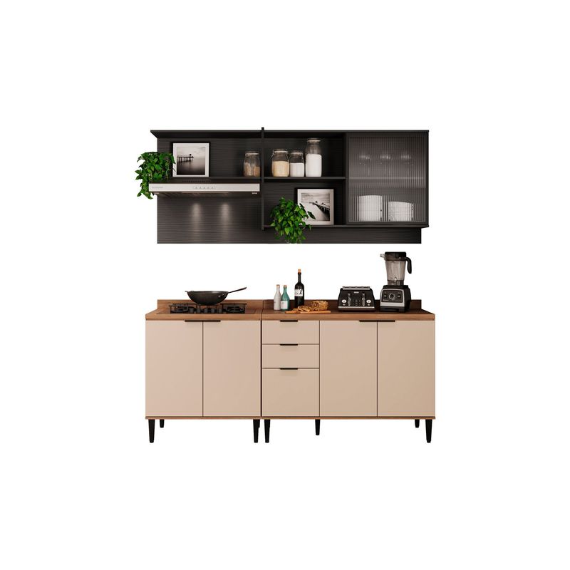 BERTOLINI - Cocina Integral en MDP 200cm con meson en MDP 6 puertas Blanco con grafito