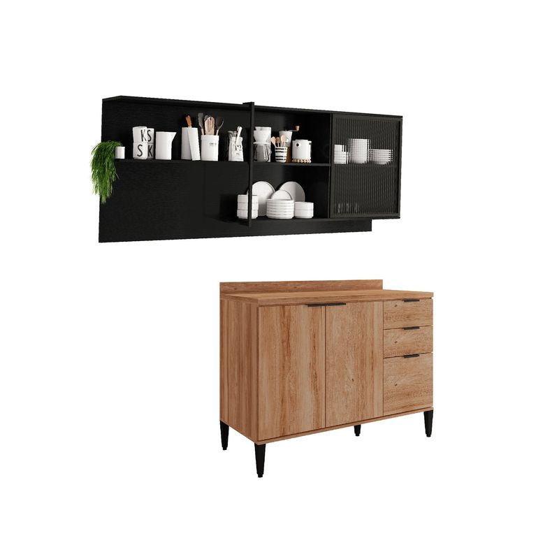 BERTOLINI - Cocina Integral en MDP 200cm con meson en MDP 4 puertas Freijo con grafito
