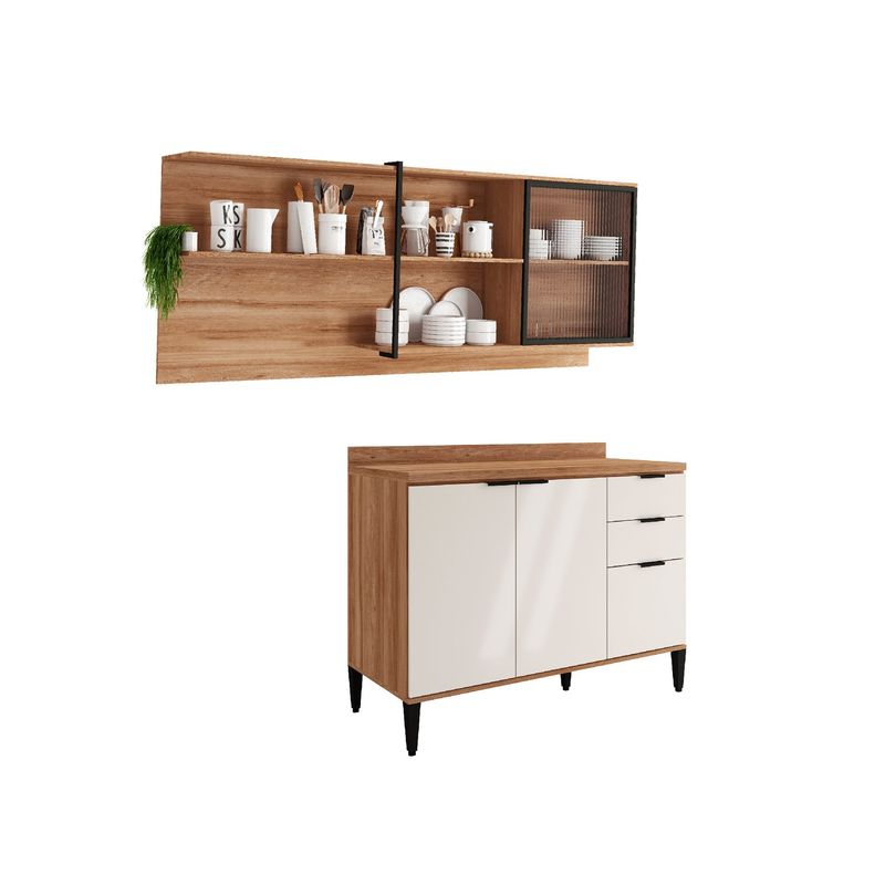 BERTOLINI - Cocina Integral en MDP 200cm con meson en MDP 4 puertas Beige con freijo.