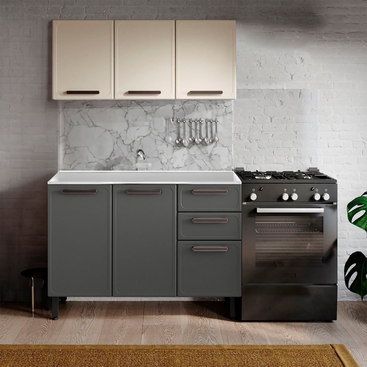 BERTOLINI - Cocina integral Bertolini en acero 1.20m sin mesón Beige con Grafito.