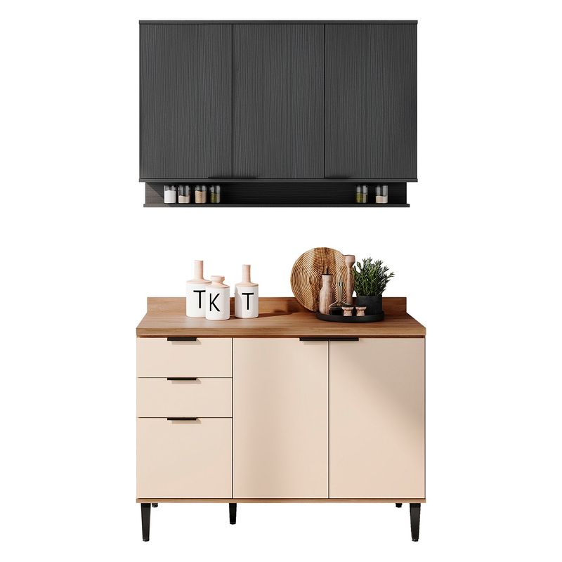 BERTOLINI - Cocina Integral en MDP 120cm con meson 6 puertas Freijo con blanco y grafito.