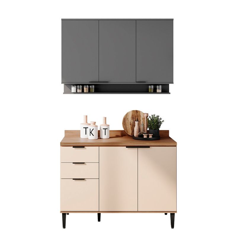 BERTOLINI - Cocina Integral en MDP 120cm con meson 6 puertas Freijo con blanco y gris.