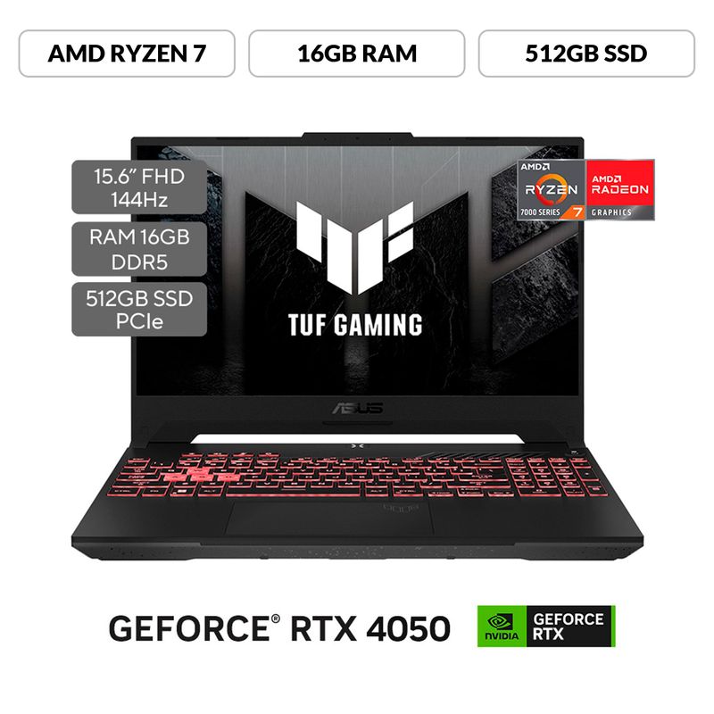 ASUS - Portátil ASUS TUF Gaming A15 | GeForce RTX 4050 | AMD Ryzen 7 | 16GB de RAM | 512G SSD de almacenamiento |  Windows 11 | 15.6 Pulgadas | FA507NUR-LP016W | Computador portátil Gamer