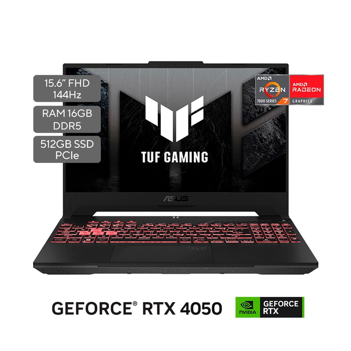 ASUS - Portátil ASUS TUF Gaming A15 | GeForce RTX 4050 | AMD Ryzen 7 | 16GB de RAM | 512G SSD de almacenamiento |  Windows 11 | 15.6 Pulgadas | FA507NUR-LP016W | Computador portátil Gamer