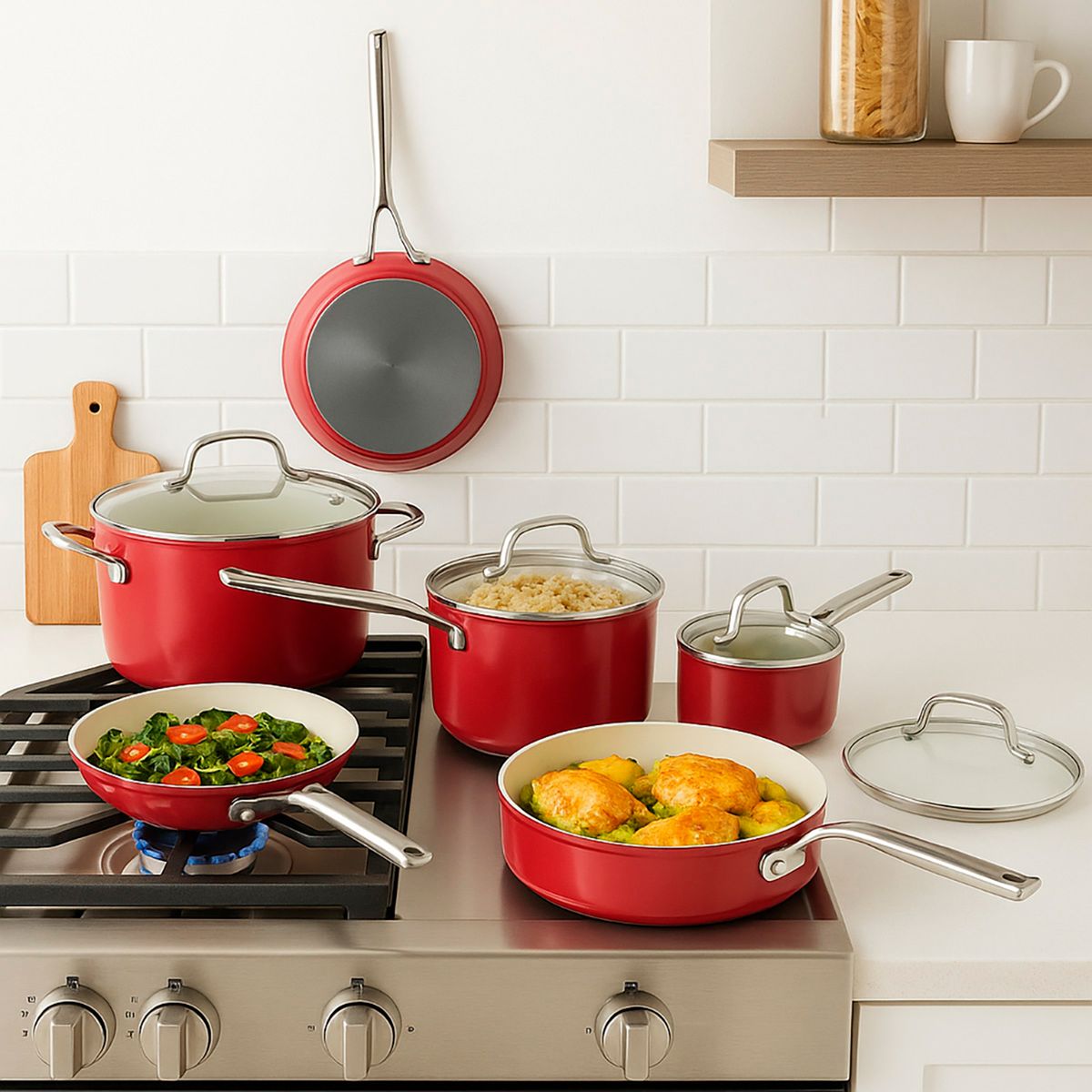 KITCHENAID - Juego de ollas Kitchenaid: Antiadherente Cerámico, Aluminio Anodizado. Bateria Acero 10 piezas Verde Pistachio