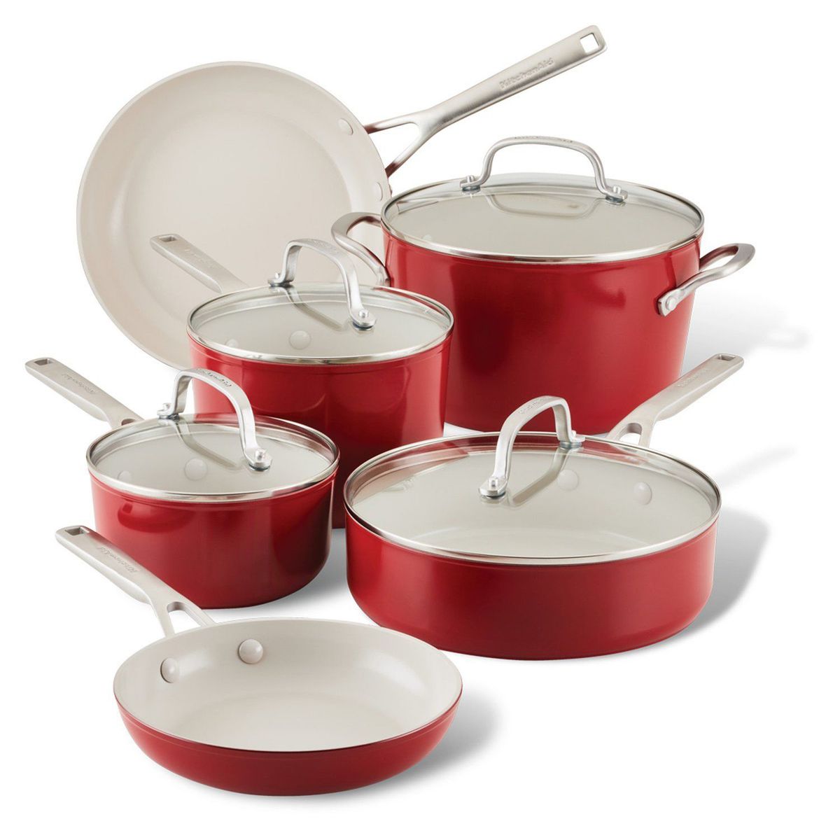 KITCHENAID - Juego de ollas Kitchenaid: Antiadherente Cerámico, Aluminio Anodizado. Bateria Acero 10 piezas Verde Pistachio