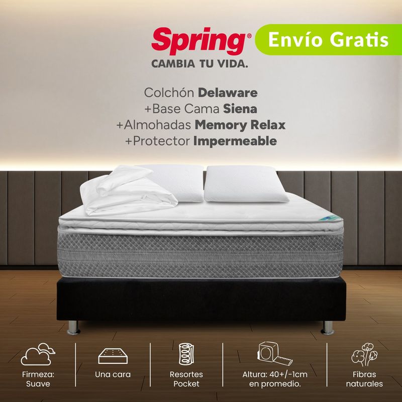 COLCHONES SPRING - Colchón con Base Cama Doble Firmeza Suave Ortopédico con Pillow Resortado Delaware 140 x 190 cm + Almohada Memory + Protector Colchones Spring  - 0% Interés a 3 Cuotas Pagando con tu CMR Banco Falabella