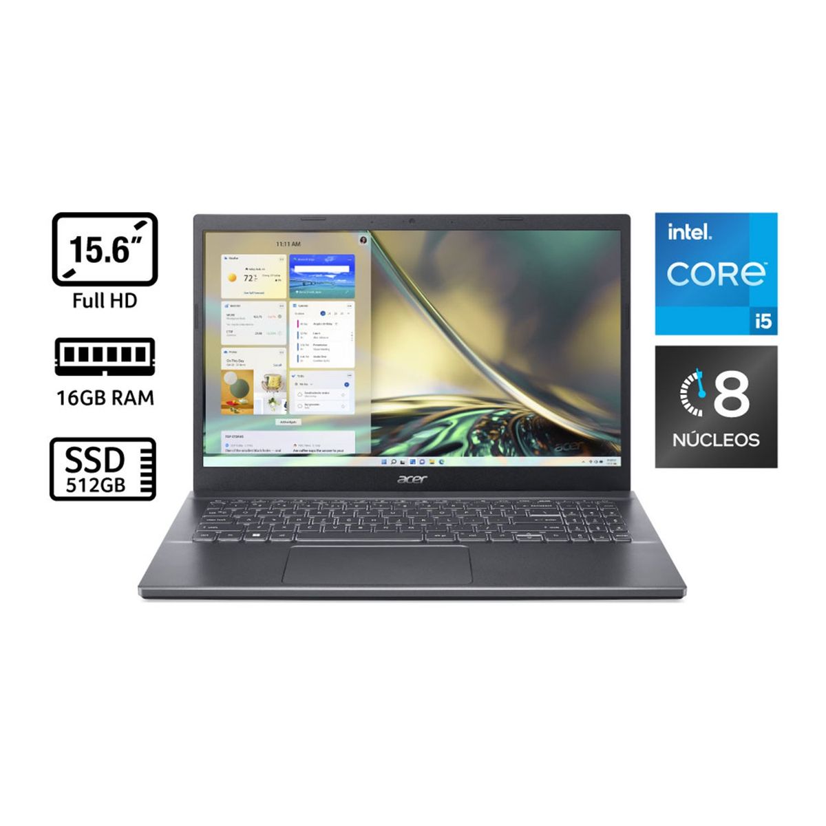 ACER - Portátil Aspire 5 Acer | Intel Core i5 | 16GB de RAM | 512GB SSD de Almacenamiento | Windows 11 | Pantalla 15,6 pulgadas | A515-57-54XV | Computador portátil