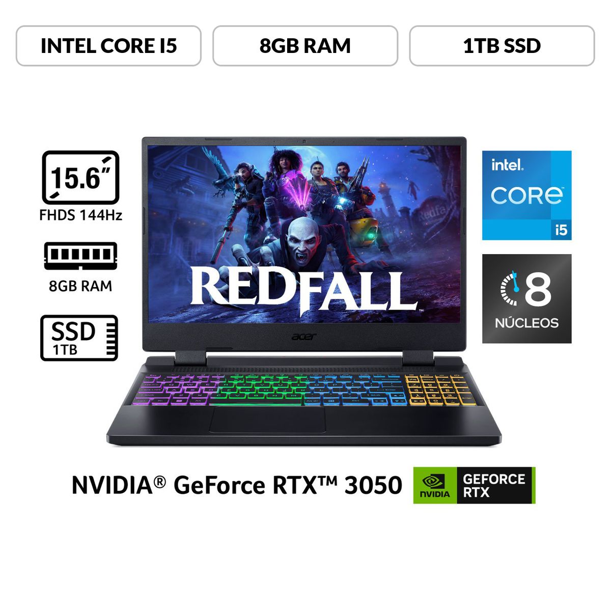 ACER - Portátil Gamer Acer Nitro 5|Geforce RTX 3050|Intel Core i5 | 8GB de RAM | 1TB SSD de Almacenamiento | Windows 11 | Pantalla 15.6 pulgadas | AN515-58-592G | Computador portátil